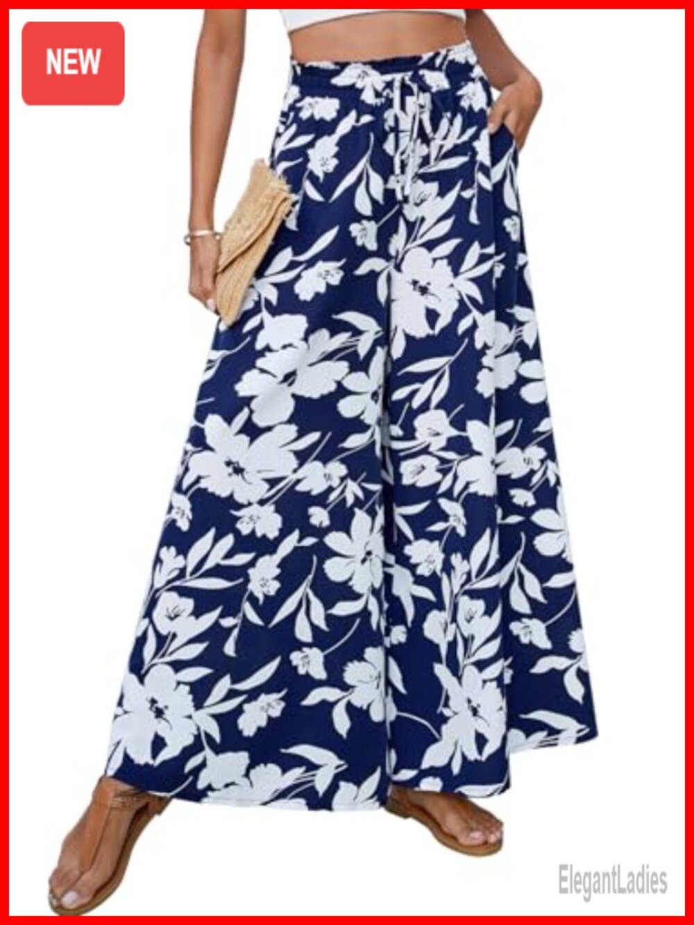 Boho Floral Wide Leg Palazzo Pants High Waisted Flowy Summer Beach Trousers